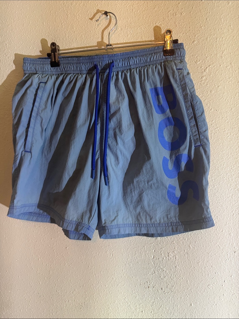 BOSS Light Blue Swim Board Shorts with Royal Blue Logo